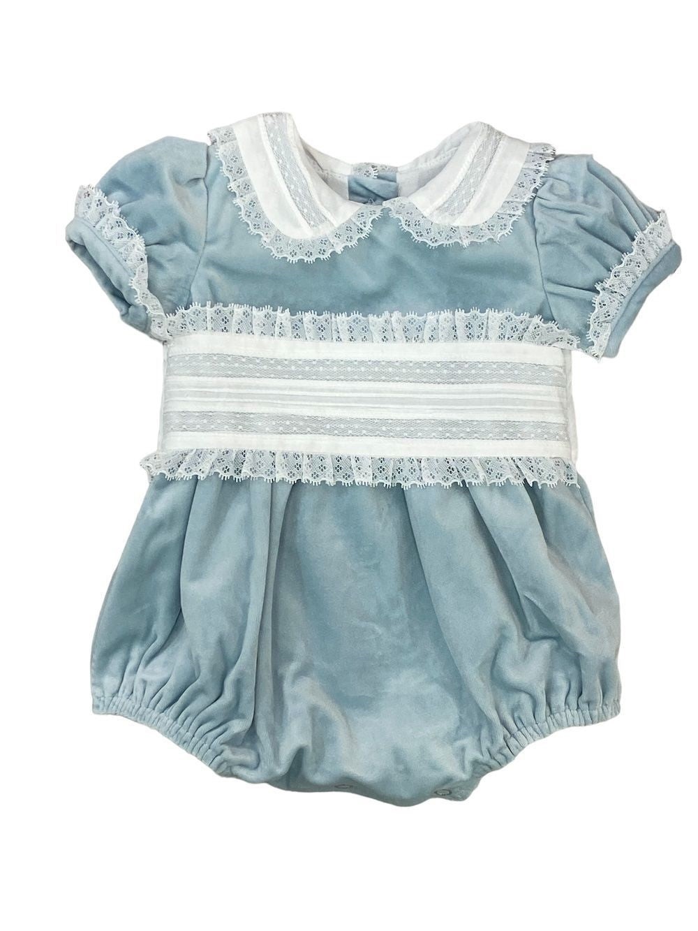 Lulu Bebe Baby Girls Velvet Bubble with Lace Trim - Ice Blue - 12 months